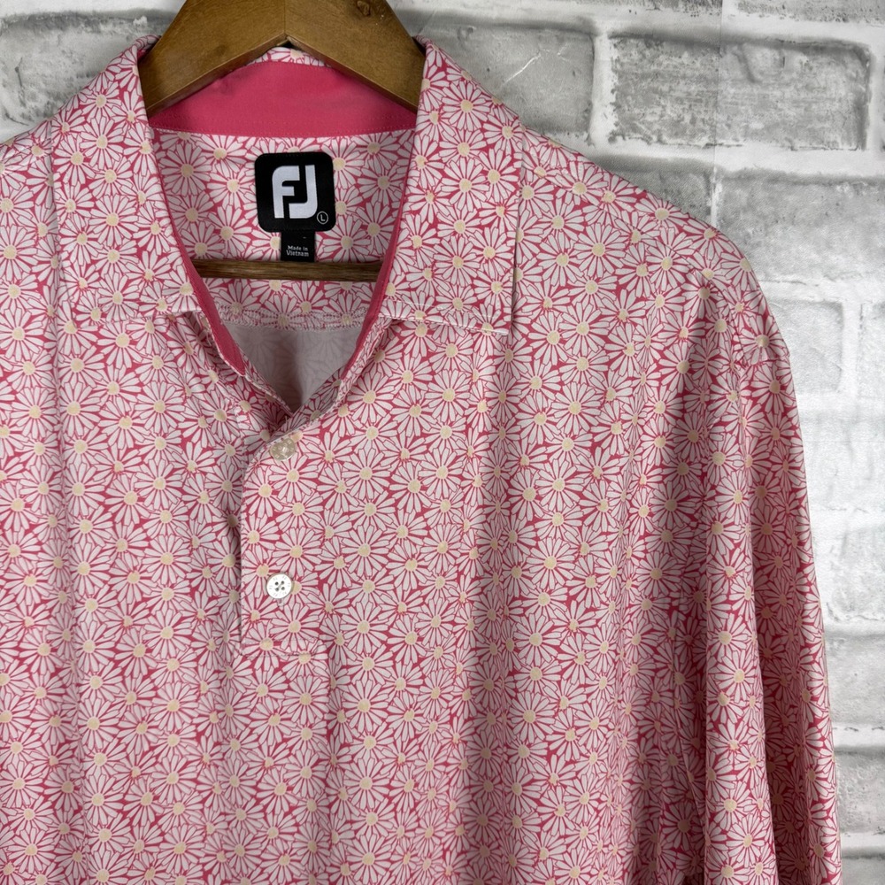 FootJoy Mens Lisle Golf Polo Shirt Pink White Daisy Floral AOP Print Size Large